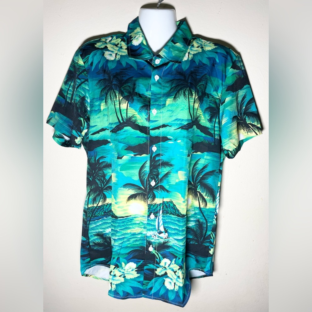 Sz S Tropical Paradise Men's Shirt - Blue and Green short sleeve